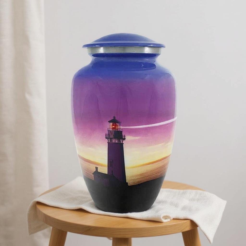 Lighthouse Cremation Urn with Sunset Design – Coastal Memorial Tribute image 0