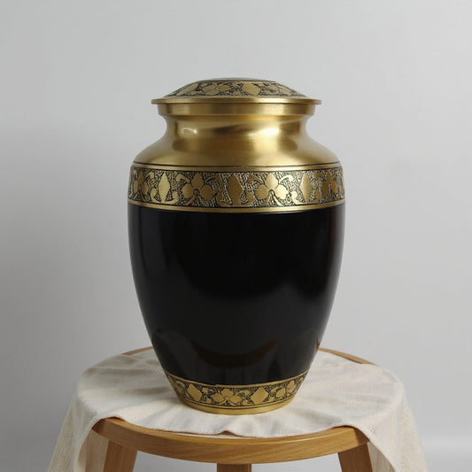 Black and Brass Cremation Urn with Engraved Floral Band image 0
