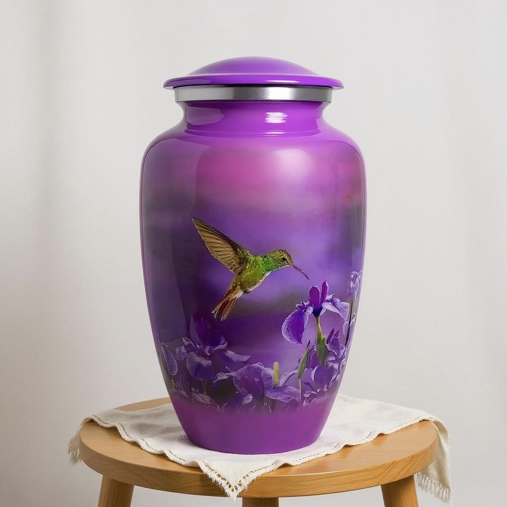 Purple Hummingbird Cremation Urn – Floral Memorial Urn for Ashes image 0