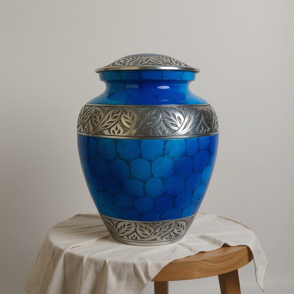 Blue Mosaic Cloisonné Cremation Urn with Silver Leaf Band image 0