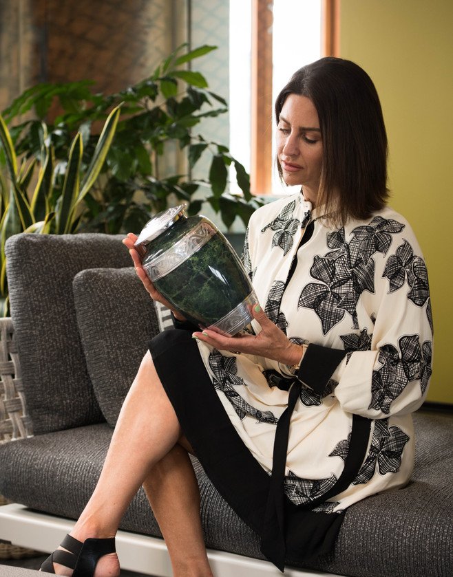 Elegant Green Marble Cremation Urn with Silver Detailing – Adult Memorial Urn image 1