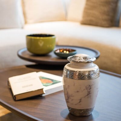 White Marble Cremation Urn with Elegant Silver Engraved Accents – Adult Memorial Urn