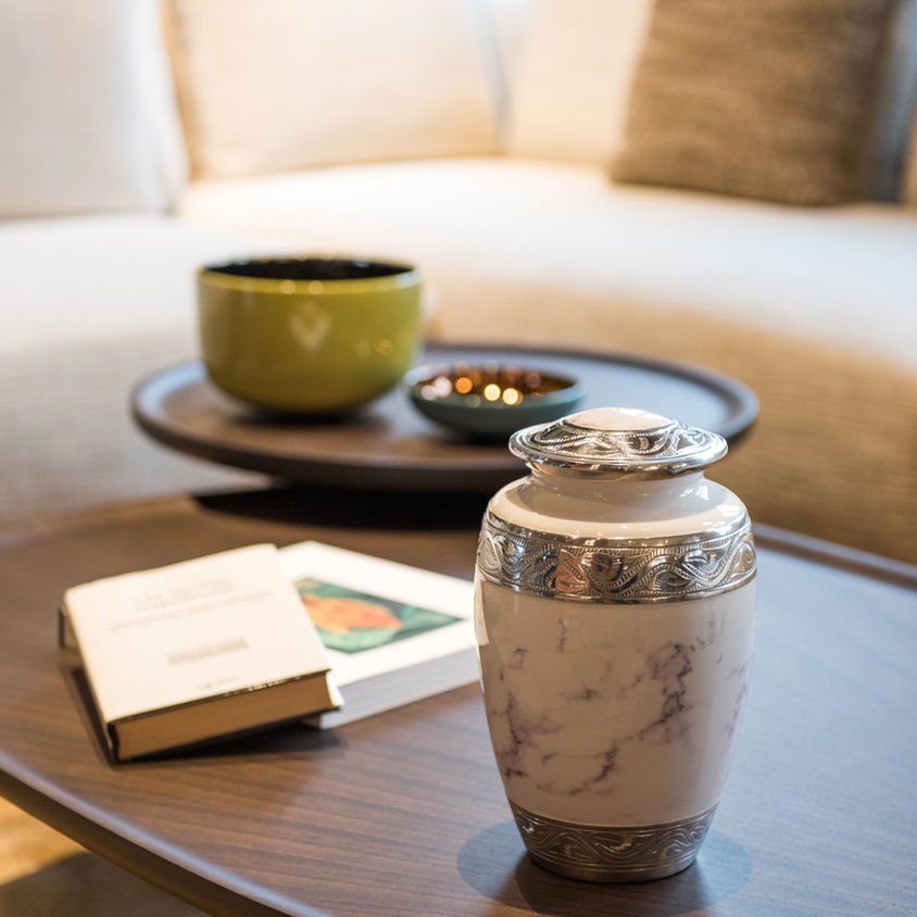 White Marble Cremation Urn with Elegant Silver Engraved Accents – Adult Memorial Urn