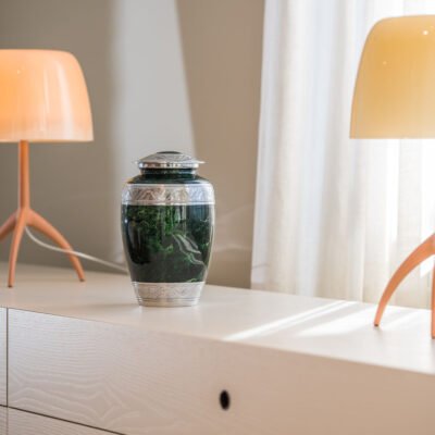 Elegant Green Marble Cremation Urn with Silver Detailing – Adult Memorial Urn