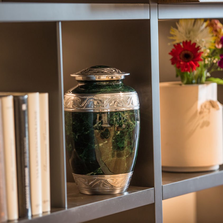 Elegant Green Marble Cremation Urn with Silver Detailing – Adult Memorial Urn