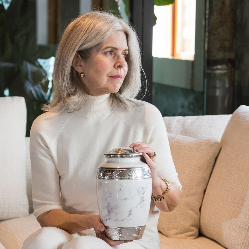 White Marble Cremation Urn with Elegant Silver Engraved Accents – Adult Memorial Urn