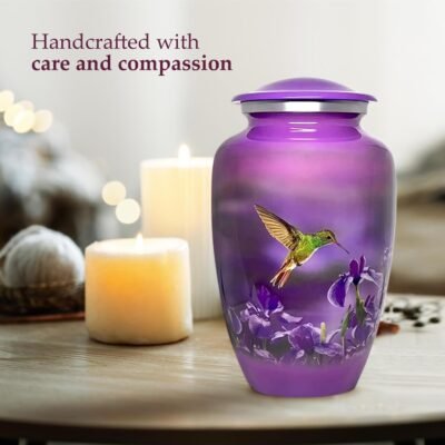 Purple Hummingbird Cremation Urn – Floral Memorial Urn for Ashes