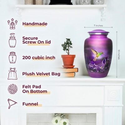 Purple Hummingbird Cremation Urn – Floral Memorial Urn for Ashes