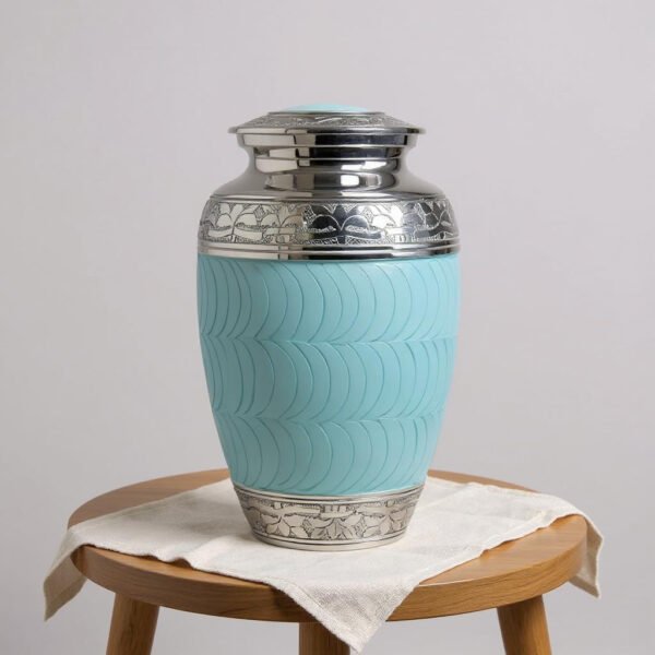 Aqua Blue Cremation Urn with Silver Engraved Detailing