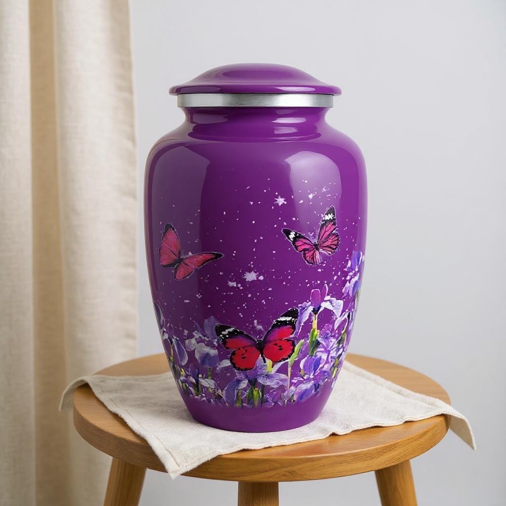 Purple Butterfly Cremation Urn with Floral Design