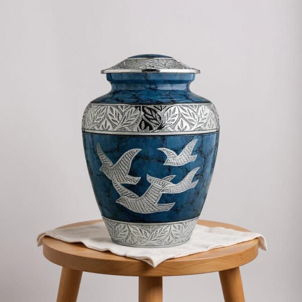Blue Cremation Urn with Silver Flying Doves