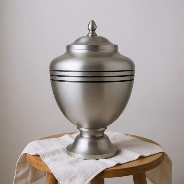 Modern Silver Cremation Urn with Black Accent Rings