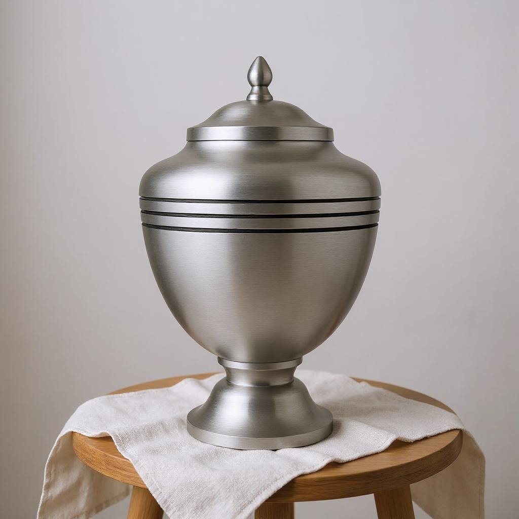 Modern Silver Cremation Urn with Black Accent Rings
