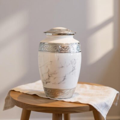 White Marble Cremation Urn with Elegant Silver Engraved Accents – Adult Memorial Urn