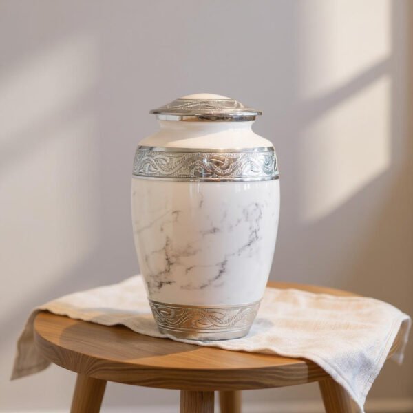 White Marble Cremation Urn with Elegant Silver Engraved Accents – Adult Memorial Urn