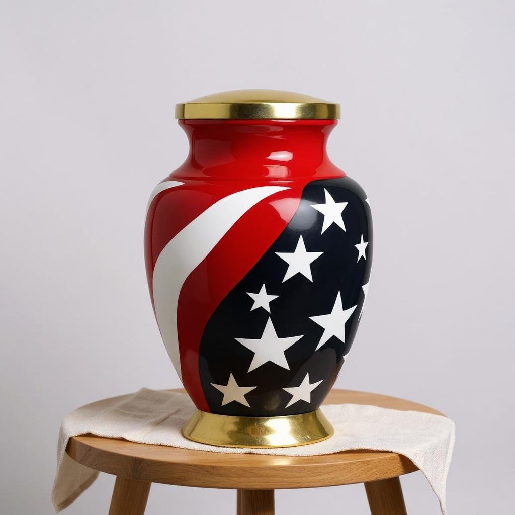 Patriotic American Flag Cremation Urn with Gold Accents