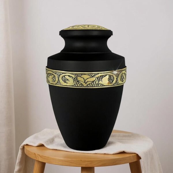 Elegant Black Cremation Urn with Gold Accents