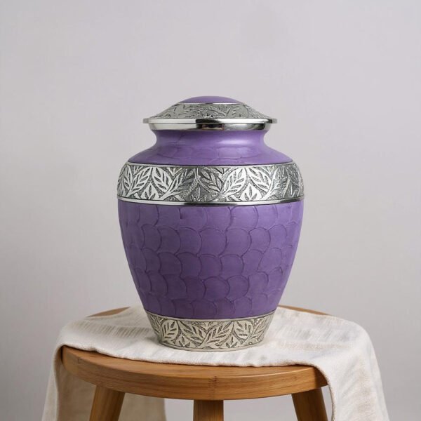 Purple Cremation Urn with Silver Leaf Accents