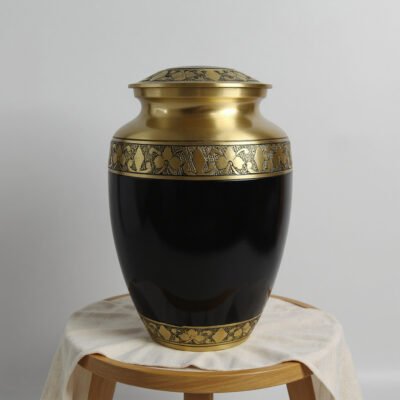 Black and Brass Cremation Urn with Engraved Floral Band