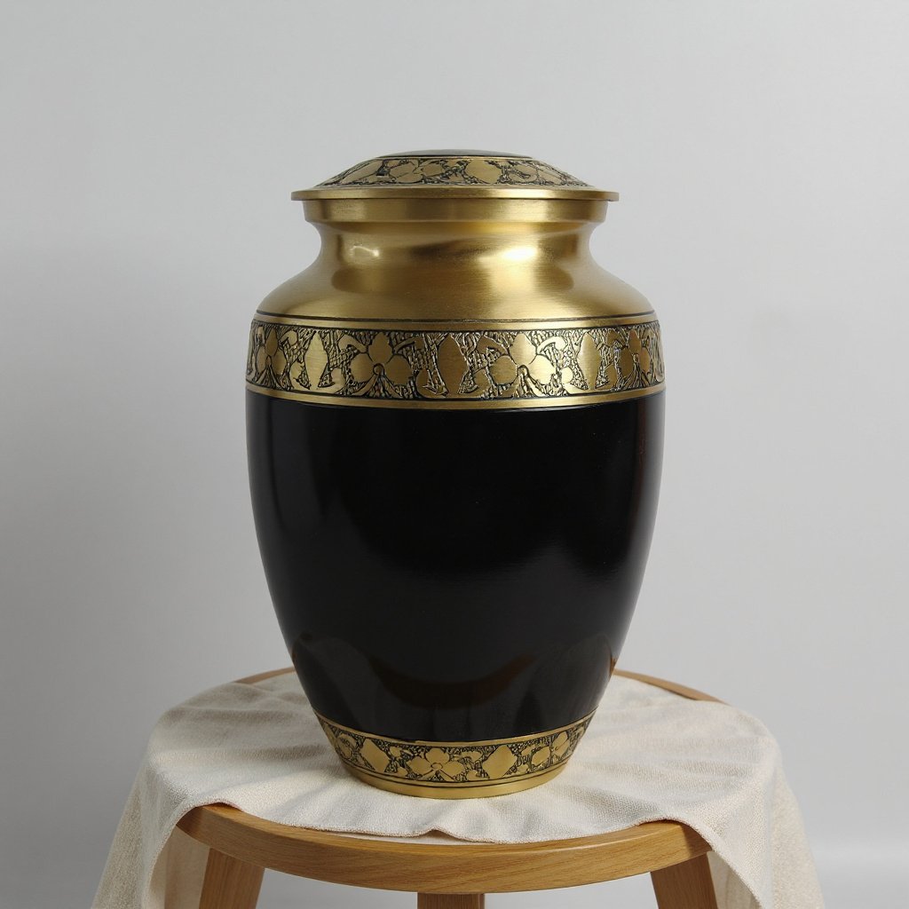 Black and Brass Cremation Urn with Engraved Floral Band