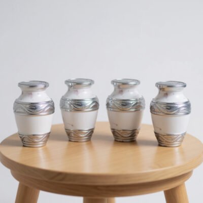 White Marble Keepsake Urns with Silver Engraving – Elegant Mini Cremation Urns set of 4