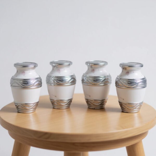 White Marble Keepsake Urns with Silver Engraving – Elegant Mini Cremation Urns set of 4