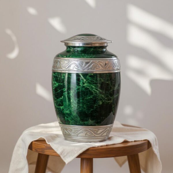 Elegant Green Marble Cremation Urn with Silver Detailing – Adult Memorial Urn