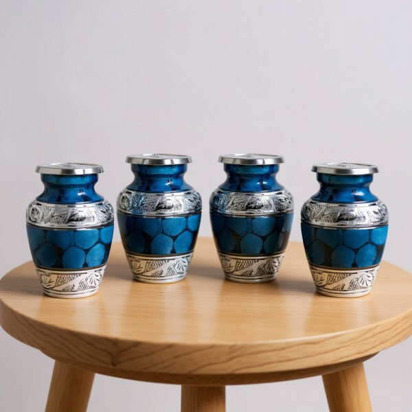 Blue Keepsake Cremation Urns with Silver Engraving Set of 4
