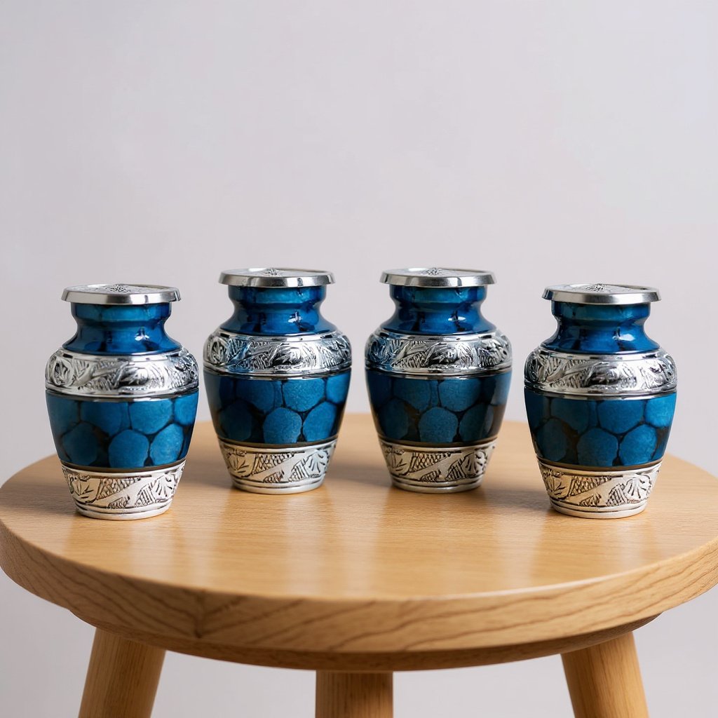 Blue Keepsake Cremation Urns with Silver Engraving Set of 4