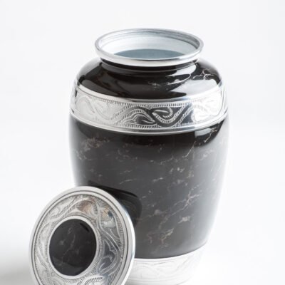 Elegant Black Marble Cremation Urn with Silver Detailing – Adult Memorial Urn