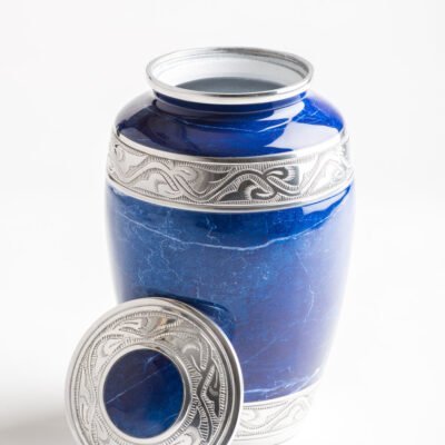 Elegant Blue Marble Cremation Urn with Silver Detailing – Adult Memorial Urn