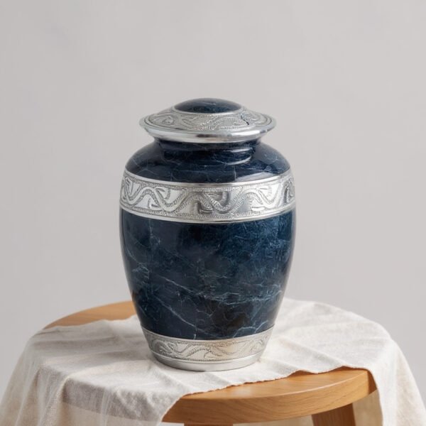 Elegant Gray Marble Cremation Urn with Silver Detailing – Adult Memorial Urn