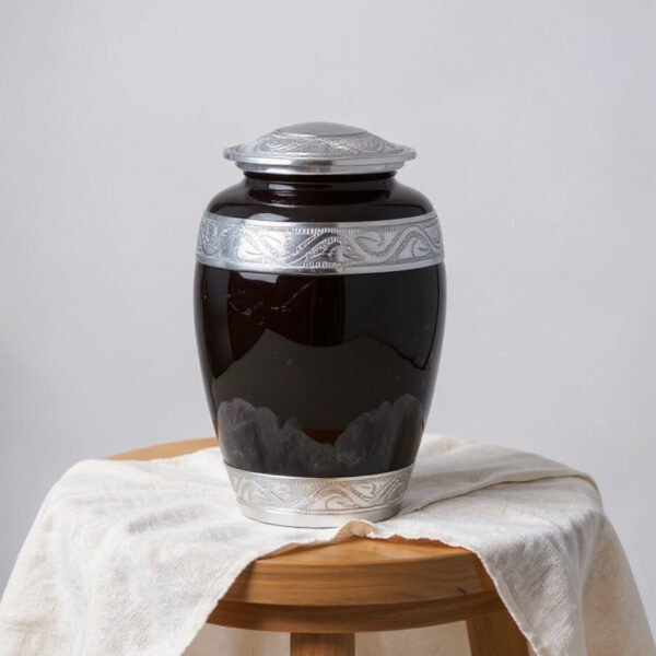 Elegant Black Marble Cremation Urn with Silver Detailing – Adult Memorial Urn