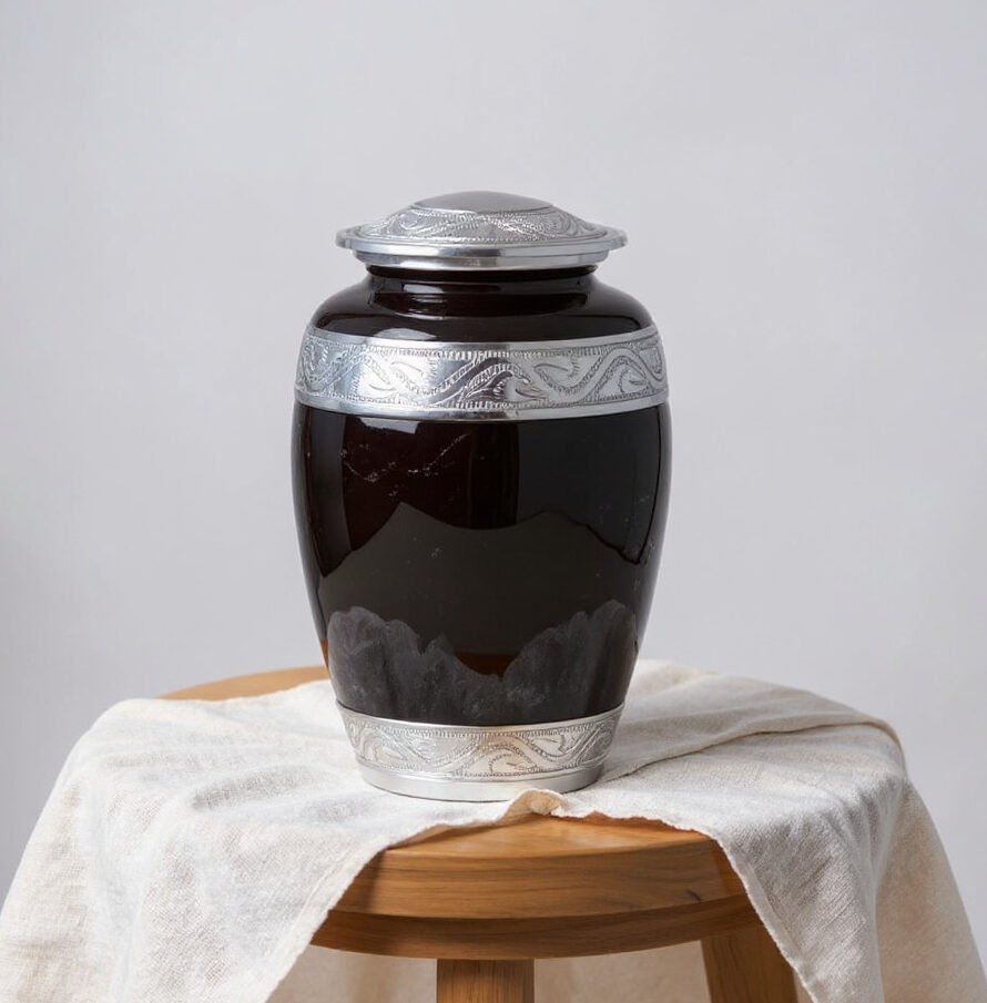Elegant Black Marble Cremation Urn with Silver Detailing – Adult Memorial Urn