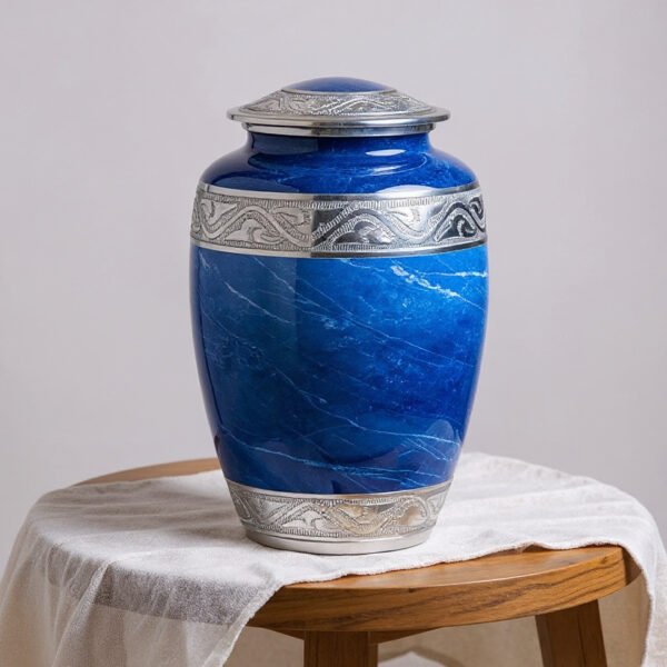Elegant Blue Marble Cremation Urn with Silver Detailing – Adult Memorial Urn