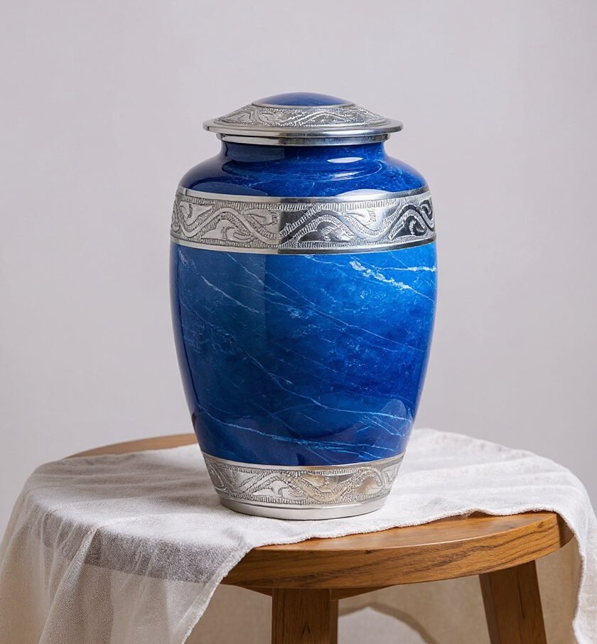 Elegant Blue Marble Cremation Urn with Silver Detailing – Adult Memorial Urn