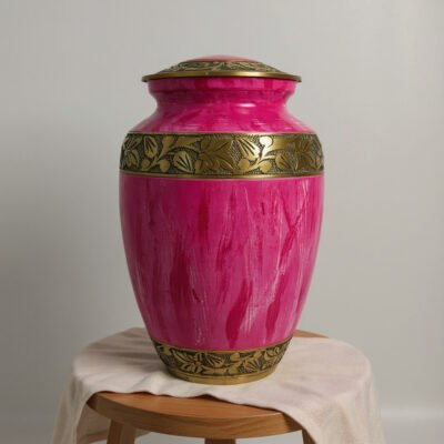 Brass Accent Pink Cremation Urn with Ornate Gold Band