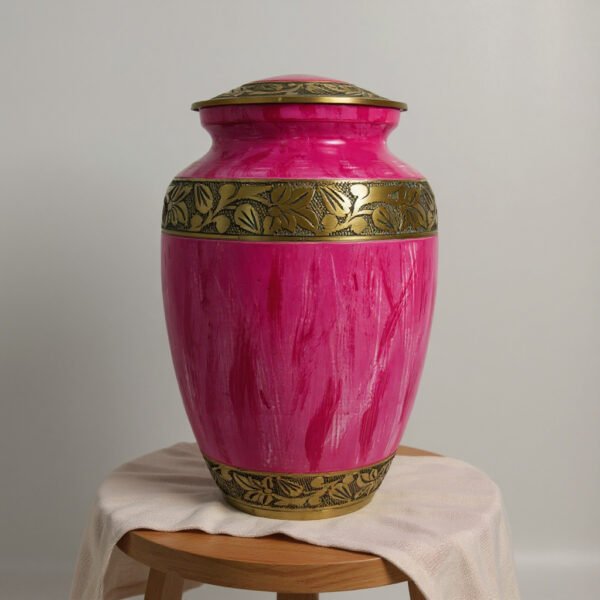 Brass Accent Pink Cremation Urn with Ornate Gold Band