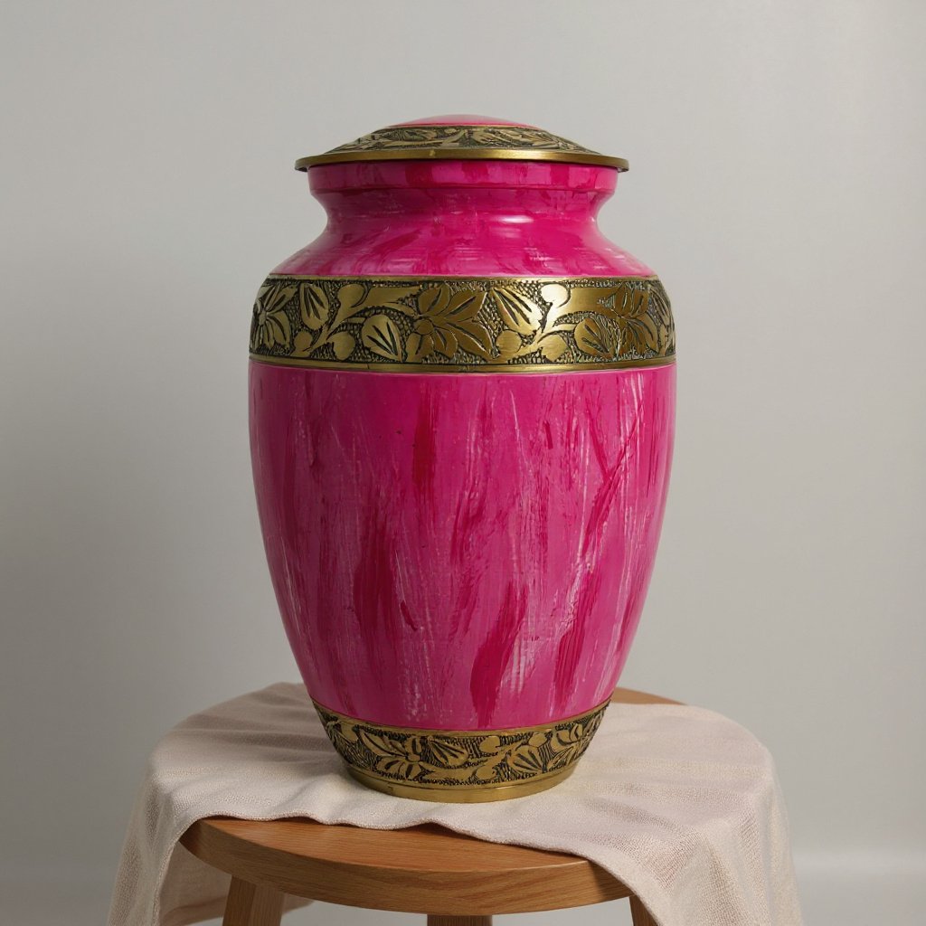 Brass Accent Pink Cremation Urn with Ornate Gold Band