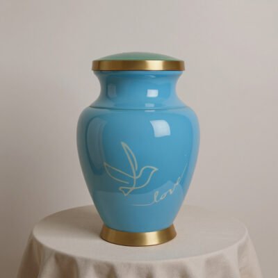 Blue Urn with White Dove – Gold Accents Cremation Vase 11-Inch