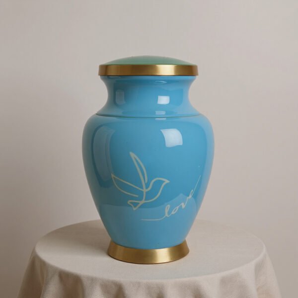 Blue Urn with White Dove – Gold Accents Cremation Vase 11-Inch