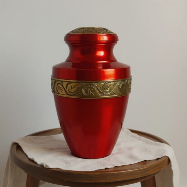 Red Cremation Urn with Brass Leaf Band 11-Inch