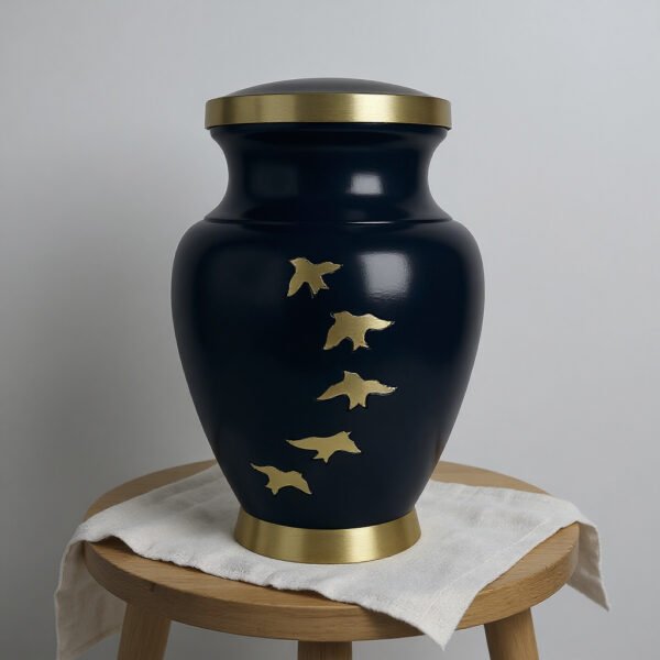 Navy Cremation Urn with Gold Bird Motif – Modern Cremation Vase Aluminum 11-Inch