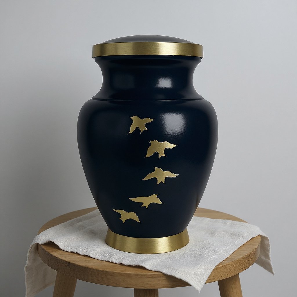 Navy Cremation Urn with Gold Bird Motif – Modern Cremation Vase Aluminum 11-Inch
