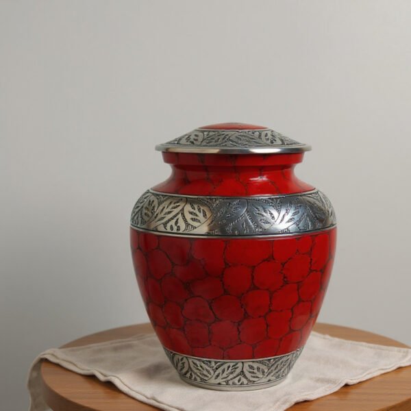 Red Mosaic Cloisonné Cremation Urn with Silver Leaf Band